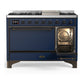 ILVE Majestic III 48-Inch Dual Fuel Range with 5 Sealed Burners + Griddle + French Top, 5.02 cu. ft. Oven, Mightnight Blue with Burnished Trim, Liquid Propane, Solid Door, UM48FQNR3MBBLP