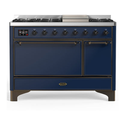 ILVE Majestic III 48-Inch Dual Fuel Range with 5 Sealed Burners + Griddle + French Top, 5.02 cu. ft. Oven, Mightnight Blue with Burnished Trim, Natural Gas, Solid Door, UM48FQNR3MBB