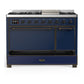 ILVE Majestic III 48-Inch Dual Fuel Range with 5 Sealed Burners + Griddle + French Top, 5.02 cu. ft. Oven, Mightnight Blue with Burnished Trim, Natural Gas, Solid Door, UM48FQNR3MBB