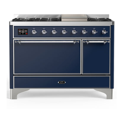 ILVE Majestic III 48-Inch Dual Fuel Range with 5 Sealed Burners + Griddle + French Top, 5.02 cu. ft. Oven, Mightnight Blue with Chrome Trim, Liquid Propane, Solid Door, UM48FQNR3MBCLP