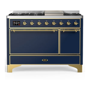 ILVE Majestic III 48-Inch Dual Fuel Range with 5 Sealed Burners + Griddle + French Top, 5.02 cu. ft. Oven, Mightnight Blue with Brass Trim, Liquid Propane, Solid Door, UM48FQNR3MBGLP
