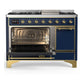 ILVE Majestic III 48-Inch Dual Fuel Range with 5 Sealed Burners + Griddle + French Top, 5.02 cu. ft. Oven, Mightnight Blue with Brass Trim, Liquid Propane, Solid Door, UM48FQNR3MBGLP