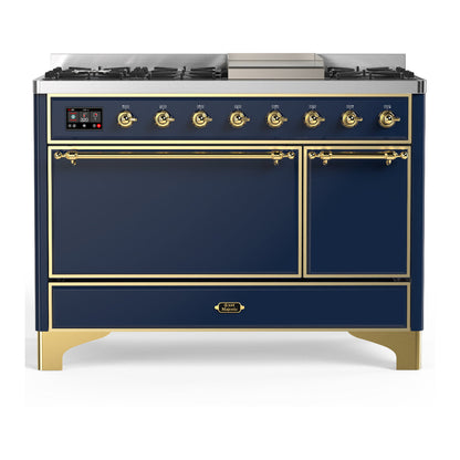 ILVE Majestic III 48-Inch Dual Fuel Range with 5 Sealed Burners + Griddle + French Top, 5.02 cu. ft. Oven, Mightnight Blue with Brass Trim, Natural Gas, Solid Door, UM48FQNR3MBG