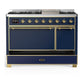 ILVE Majestic III 48-Inch Dual Fuel Range with 5 Sealed Burners + Griddle + French Top, 5.02 cu. ft. Oven, Mightnight Blue with Brass Trim, Natural Gas, Solid Door, UM48FQNR3MBG