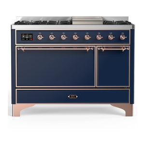 ILVE Majestic III 48-Inch Dual Fuel Range with 5 Sealed Burners + Griddle + French Top, 5.02 cu. ft. Oven, Mightnight Blue with Copper Trim, Liquid Propane, Solid Door, UM48FQNR3MBPLP