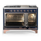 ILVE Majestic III 48-Inch Dual Fuel Range with 5 Sealed Burners + Griddle + French Top, 5.02 cu. ft. Oven, Mightnight Blue with Copper Trim, Liquid Propane, Solid Door, UM48FQNR3MBPLP