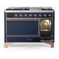ILVE Majestic III 48-Inch Dual Fuel Range with 5 Sealed Burners + Griddle + French Top, 5.02 cu. ft. Oven, Mightnight Blue with Copper Trim, Liquid Propane, Solid Door, UM48FQNR3MBPLP