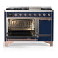 ILVE Majestic III 48-Inch Dual Fuel Range with 5 Sealed Burners + Griddle + French Top, 5.02 cu. ft. Oven, Mightnight Blue with Copper Trim, Natural Gas, Solid Door, UM48FQNR3MBP