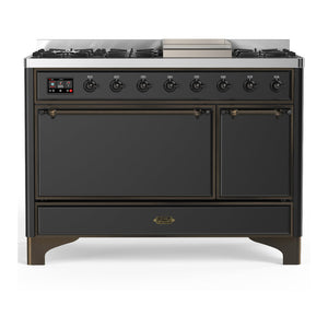 ILVE Majestic III 48-Inch Dual Fuel Range with 5 Sealed Burners + Griddle + French Top, 5.02 cu. ft. Oven, Matte Graphite with Burnished Trim, Natural Gas, Solid Door, UM48FQNR3MGB