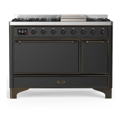 ILVE Majestic III 48-Inch Dual Fuel Range with 5 Sealed Burners + Griddle + French Top, 5.02 cu. ft. Oven, Matte Graphite with Burnished Trim, Natural Gas, Solid Door, UM48FQNR3MGB