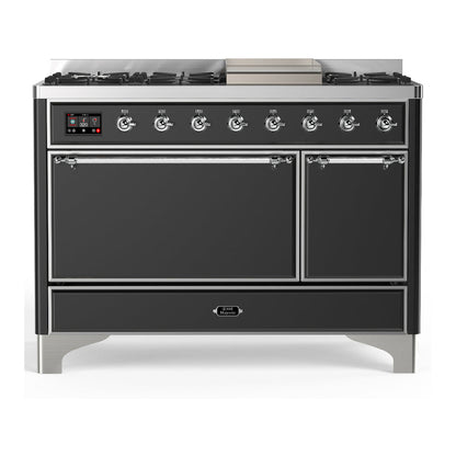 ILVE Majestic III 48-Inch Dual Fuel Range with 5 Sealed Burners + Griddle + French Top, 5.02 cu. ft. Oven, Matte Graphite with Chrome Trim, Natural Gas, Solid Door, UM48FQNR3MGC