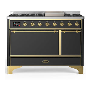 ILVE Majestic III 48-Inch Dual Fuel Range with 5 Sealed Burners + Griddle + French Top, 5.02 cu. ft. Oven, Matte Graphite with Brass Trim, Liquid Propane, Solid Door, UM48FQNR3MGGLP