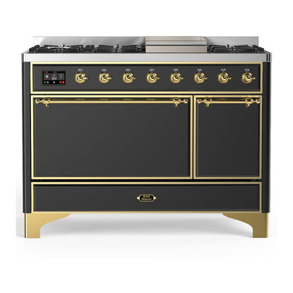 ILVE Majestic III 48-Inch Dual Fuel Range with 5 Sealed Burners + Griddle + French Top, 5.02 cu. ft. Oven, Matte Graphite with Brass Trim, Liquid Propane, Solid Door, UM48FQNR3MGGLP