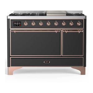 ILVE Majestic III 48-Inch Dual Fuel Range with 5 Sealed Burners + Griddle + French Top, 5.02 cu. ft. Oven, Matte Graphite with Copper Trim, Liquid Propane, Solid Door, UM48FQNR3MGPLP