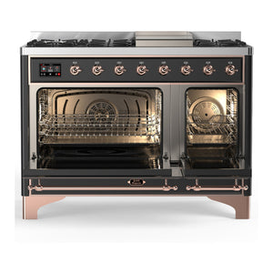 ILVE Majestic III 48-Inch Dual Fuel Range with 5 Sealed Burners + Griddle + French Top, 5.02 cu. ft. Oven, Matte Graphite with Copper Trim, Liquid Propane, Solid Door, UM48FQNR3MGPLP