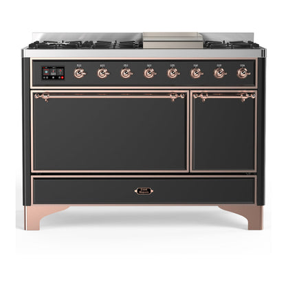 ILVE Majestic III 48-Inch Dual Fuel Range with 5 Sealed Burners + Griddle + French Top, 5.02 cu. ft. Oven, Matte Graphite with Copper Trim, Natural Gas, Solid Door, UM48FQNR3MGP