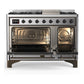 ILVE Majestic III 48-Inch Dual Fuel Range with 5 Sealed Burners + Griddle + French Top, 5.02 cu. ft. Oven, Stainless Steel with Burnished Trim, Liquid Propane, Solid Door, UM48FQNR3SSBLP