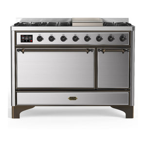 ILVE Majestic III 48-Inch Dual Fuel Range with 5 Sealed Burners + Griddle + French Top, 5.02 cu. ft. Oven, Stainless Steel with Burnished Trim, Natural Gas, Solid Door, UM48FQNR3SSB