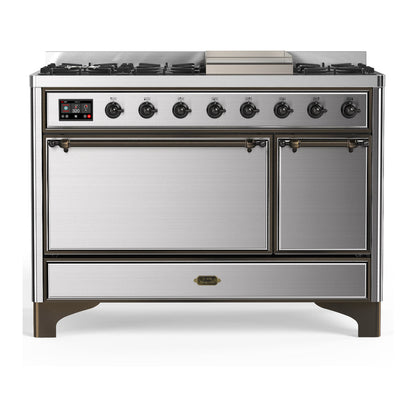 ILVE Majestic III 48-Inch Dual Fuel Range with 5 Sealed Burners + Griddle + French Top, 5.02 cu. ft. Oven, Stainless Steel with Burnished Trim, Natural Gas, Solid Door, UM48FQNR3SSB