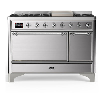 ILVE Majestic III 48-Inch Dual Fuel Range with 5 Sealed Burners + Griddle + French Top, 5.02 cu. ft. Oven, Stainless Steel with Chrome Trim, Liquid Propane, Solid Door, UM48FQNR3SSCLP