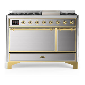 ILVE Majestic III 48-Inch Dual Fuel Range with 5 Sealed Burners + Griddle + French Top, 5.02 cu. ft. Oven, Stainless Steel with Brass Trim, Liquid Propane, Solid Door, UM48FQNR3SSGLP