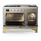 ILVE Majestic III 48-Inch Dual Fuel Range with 5 Sealed Burners + Griddle + French Top, 5.02 cu. ft. Oven, Stainless Steel with Brass Trim, Liquid Propane, Solid Door, UM48FQNR3SSGLP