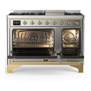 ILVE Majestic III 48-Inch Dual Fuel Range with 5 Sealed Burners + Griddle + French Top, 5.02 cu. ft. Oven, Stainless Steel with Brass Trim, Liquid Propane, Solid Door, UM48FQNR3SSGLP