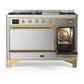 ILVE Majestic III 48-Inch Dual Fuel Range with 5 Sealed Burners + Griddle + French Top, 5.02 cu. ft. Oven, Stainless Steel with Brass Trim, Liquid Propane, Solid Door, UM48FQNR3SSGLP