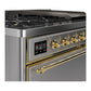 ILVE Majestic III 48-Inch Dual Fuel Range with 5 Sealed Burners + Griddle + French Top, 5.02 cu. ft. Oven, Stainless Steel with Brass Trim, Liquid Propane, Solid Door, UM48FQNR3SSGLP