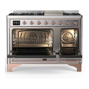 ILVE Majestic III 48-Inch Dual Fuel Range with 5 Sealed Burners + Griddle + French Top, 5.02 cu. ft. Oven, Stainless Steel with Copper Trim, Liquid Propane, Solid Door, UM48FQNR3SSPLP