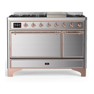 ILVE Majestic III 48-Inch Dual Fuel Range with 5 Sealed Burners + Griddle + French Top, 5.02 cu. ft. Oven, Stainless Steel with Copper Trim, Natural Gas, Solid Door, UM48FQNR3SSP