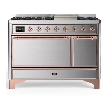 ILVE Majestic III 48-Inch Dual Fuel Range with 5 Sealed Burners + Griddle + French Top, 5.02 cu. ft. Oven, Stainless Steel with Copper Trim, Natural Gas, Solid Door, UM48FQNR3SSP