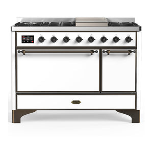 ILVE Majestic III 48-Inch Dual Fuel Range with 5 Sealed Burners + Griddle + French Top, 5.02 cu. ft. Oven, White with Burnished Trim, Liquid Propane, Solid Door, UM48FQNR3WHBLP