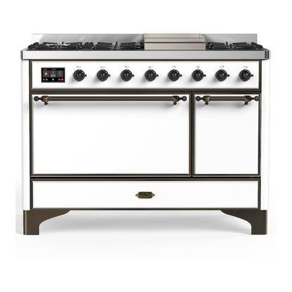 ILVE Majestic III 48-Inch Dual Fuel Range with 5 Sealed Burners + Griddle + French Top, 5.02 cu. ft. Oven, White with Burnished Trim, Natural Gas, Solid Door, UM48FQNR3WHB