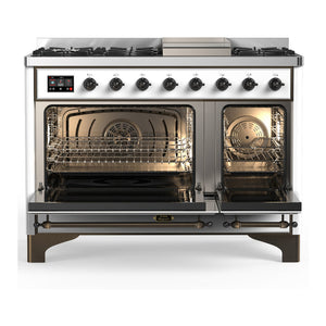 ILVE Majestic III 48-Inch Dual Fuel Range with 5 Sealed Burners + Griddle + French Top, 5.02 cu. ft. Oven, White with Burnished Trim, Natural Gas, Solid Door, UM48FQNR3WHB