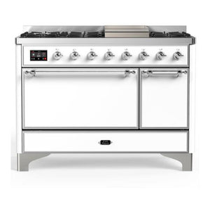 ILVE Majestic III 48-Inch Dual Fuel Range with 5 Sealed Burners + Griddle + French Top, 5.02 cu. ft. Oven, White with Chrome Trim, Natural Gas, Solid Door, UM48FQNR3WHC