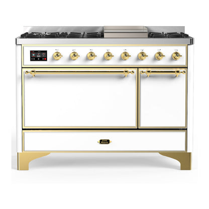 ILVE Majestic III 48-Inch Dual Fuel Range with 5 Sealed Burners + Griddle + French Top, 5.02 cu. ft. Oven, White with Brass Trim, Liquid Propane, Solid Door, UM48FQNR3WHGLP