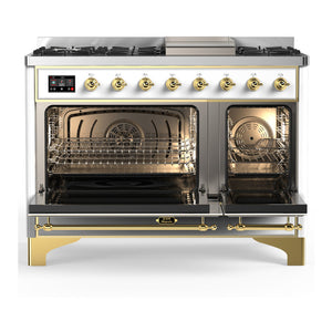 ILVE Majestic III 48-Inch Dual Fuel Range with 5 Sealed Burners + Griddle + French Top, 5.02 cu. ft. Oven, White with Brass Trim, Liquid Propane, Solid Door, UM48FQNR3WHGLP