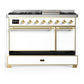ILVE Majestic III 48-Inch Dual Fuel Range with 5 Sealed Burners + Griddle + French Top, 5.02 cu. ft. Oven, White with Brass Trim, Natural Gas, Solid Door, UM48FQNR3WHG