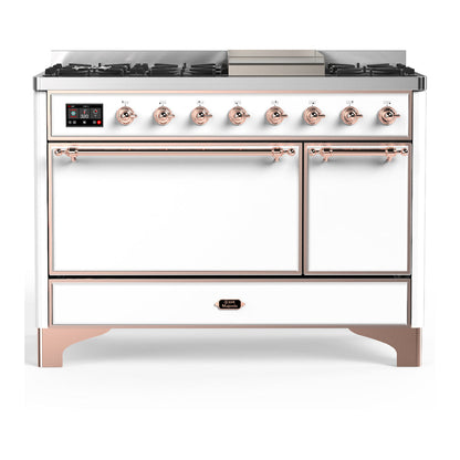 ILVE Majestic III 48-Inch Dual Fuel Range with 5 Sealed Burners + Griddle + French Top, 5.02 cu. ft. Oven, White with Copper Trim, Liquid Propane, Solid Door, UM48FQNR3WHPLP