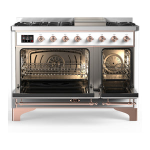ILVE Majestic III 48-Inch Dual Fuel Range with 5 Sealed Burners + Griddle + French Top, 5.02 cu. ft. Oven, White with Copper Trim, Liquid Propane, Solid Door, UM48FQNR3WHPLP