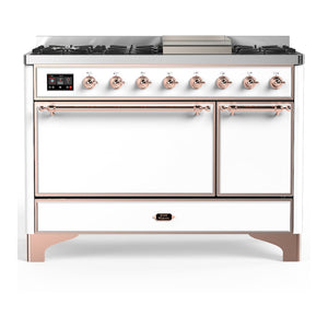 ILVE Majestic III 48-Inch Dual Fuel Range with 5 Sealed Burners + Griddle + French Top, 5.02 cu. ft. Oven, White with Copper Trim, Natural Gas, Solid Door, UM48FQNR3WHP