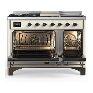ILVE Majestic III 48-Inch Dual Fuel Range with 5 Sealed Burners + Griddle + French Top, 5.02 cu. ft. Oven, Antique White with Burnished Trim, Natural Gas, Triple Glass Door, UM48FSNR3AWB