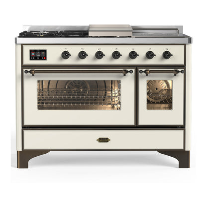 ILVE Majestic III 48-Inch Dual Fuel Range with 5 Sealed Burners + Griddle + French Top, 5.02 cu. ft. Oven, Antique White with Burnished Trim, Natural Gas, Triple Glass Door, UM48FSNR3AWB