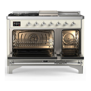 ILVE Majestic III 48-Inch Dual Fuel Range with 5 Sealed Burners + Griddle + French Top, 5.02 cu. ft. Oven, Antique White with Chrome Trim, Liquid Propane, Triple Glass Door, UM48FSNR3AWCLP