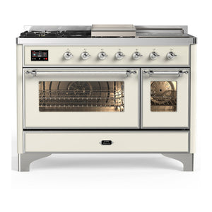 ILVE Majestic III 48-Inch Dual Fuel Range with 5 Sealed Burners + Griddle + French Top, 5.02 cu. ft. Oven, Antique White with Chrome Trim, Liquid Propane, Triple Glass Door, UM48FSNR3AWCLP