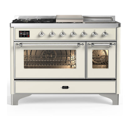 ILVE Majestic III 48-Inch Dual Fuel Range with 5 Sealed Burners + Griddle + French Top, 5.02 cu. ft. Oven, Antique White with Chrome Trim, Liquid Propane, Triple Glass Door, UM48FSNR3AWCLP