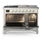 ILVE Majestic III 48-Inch Dual Fuel Range with 5 Sealed Burners + Griddle + French Top, 5.02 cu. ft. Oven, Antique White with Chrome Trim, Natural Gas, Triple Glass Door, UM48FSNR3AWC