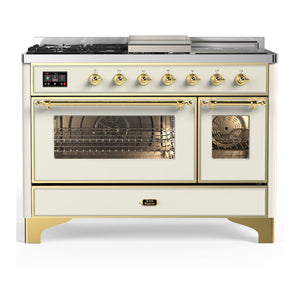 ILVE Majestic III 48-Inch Dual Fuel Range with 5 Sealed Burners + Griddle + French Top, 5.02 cu. ft. Oven, Antique White with Brass Trim, Natural Gas, Triple Glass Door, UM48FSNR3AWG