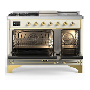 ILVE Majestic III 48-Inch Dual Fuel Range with 5 Sealed Burners + Griddle + French Top, 5.02 cu. ft. Oven, Antique White with Brass Trim, Natural Gas, Triple Glass Door, UM48FSNR3AWG